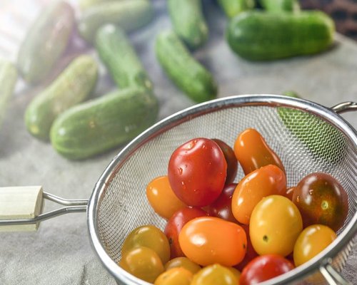 Fresh tomatoes and cucumbers ready for a Greek salad